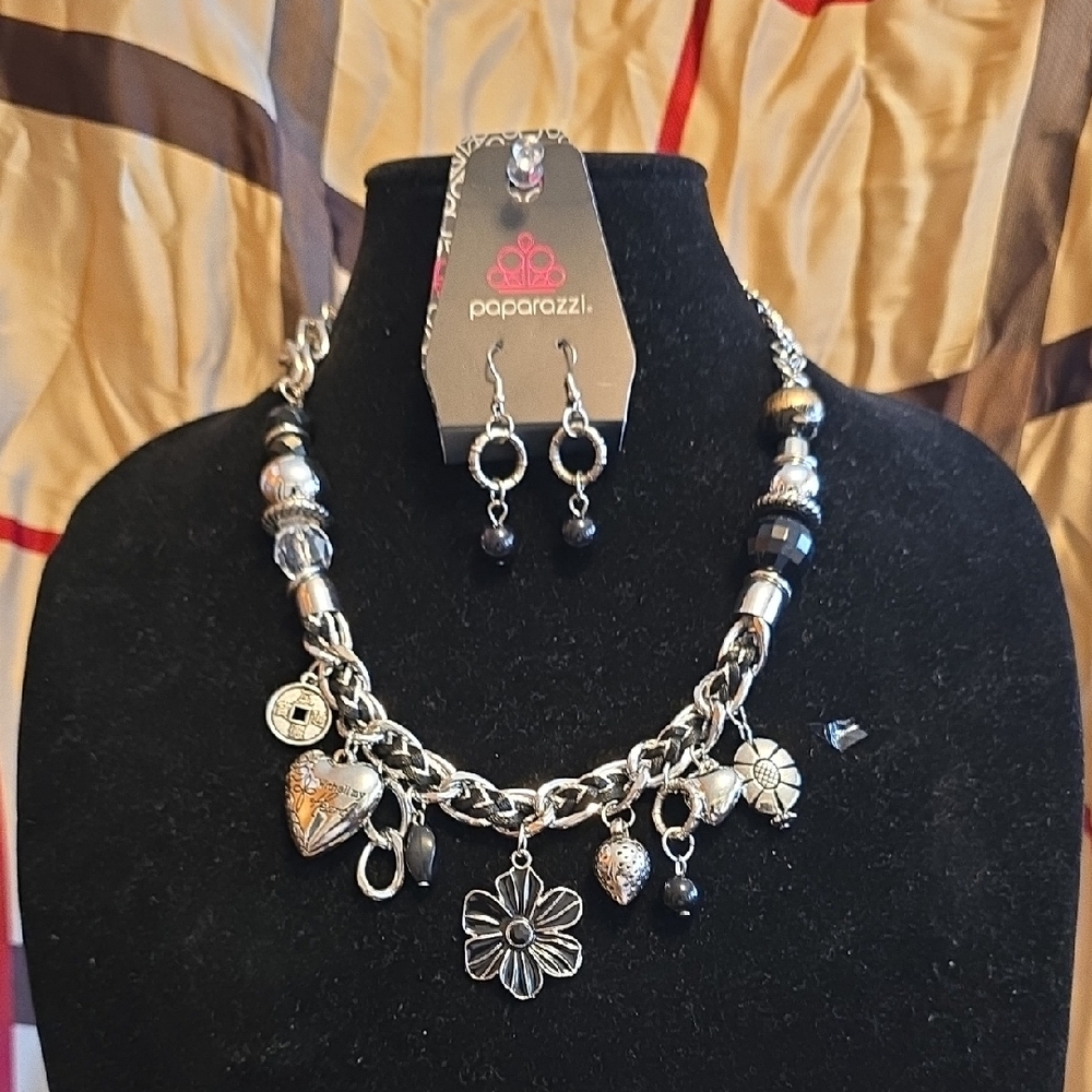 Paparazzi Silver and Black Charm Necklace with Earrings